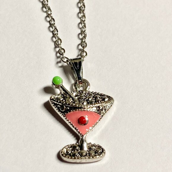 Martini Cocktail Drink Cup Glass Charm Necklace Pendant Pink Enamel 18" Chain - Picture 4 of 9